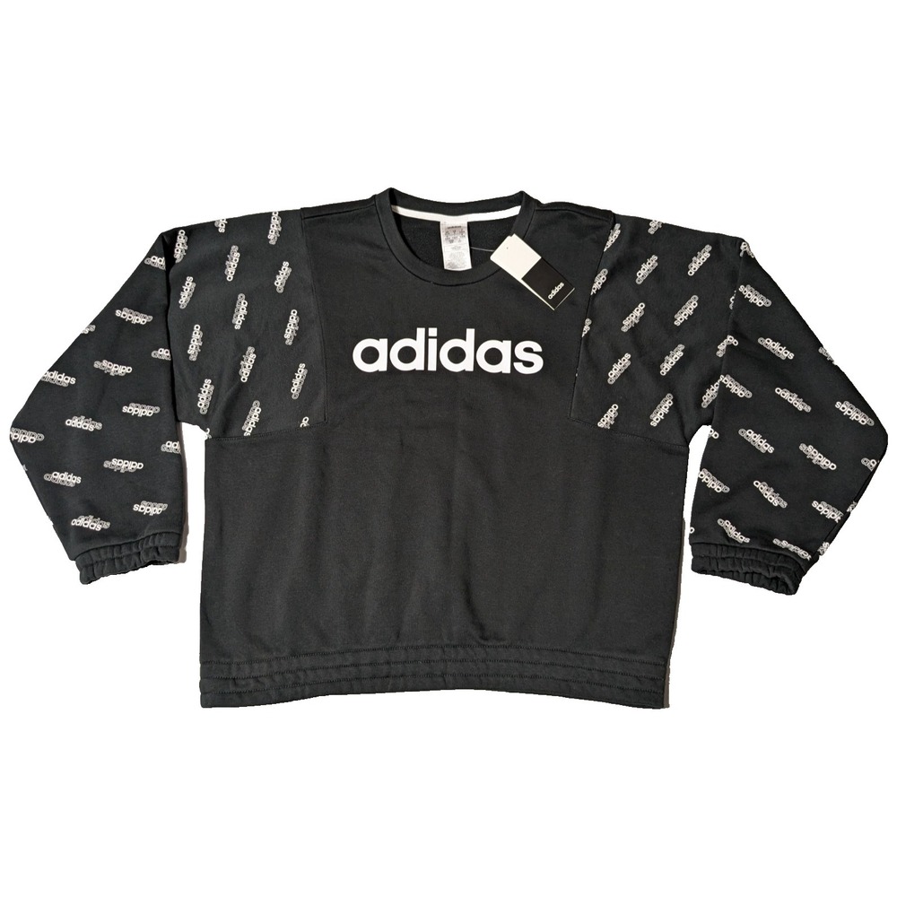ADIDAS FAVORITES Women Oversize‎ Small Black White AOP Sweatshirt NEW FM6185